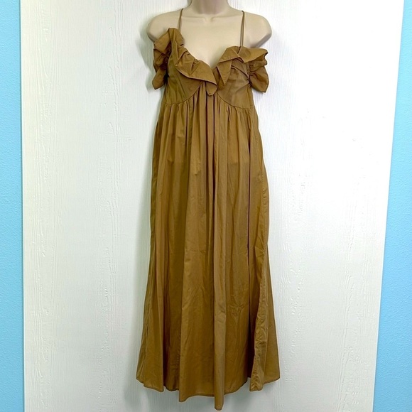 H&M - NWT Flounce Trimmed V Neck Ruffle Neckline Beige Maxi Dress Size XS - Picture 3 of 13